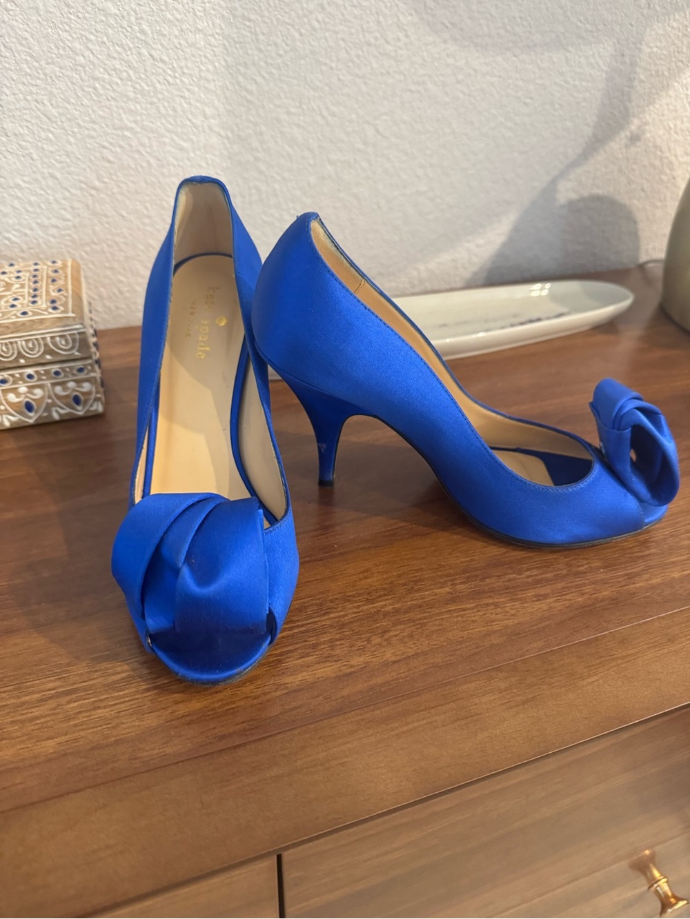 kate spade Royal Blue Satin Peep-Toe Heels with Rosette